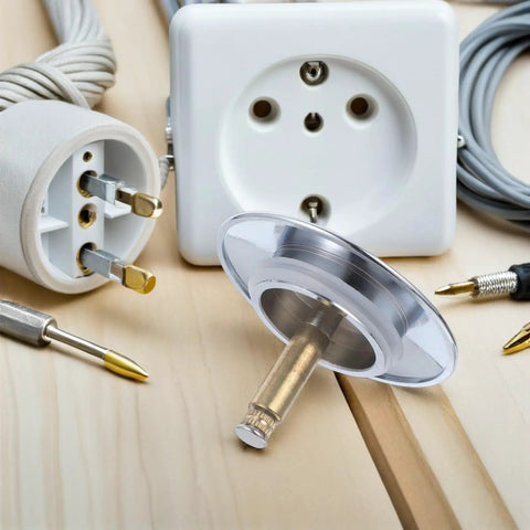 Rotary Bathtub Drain Stopper Copper One Press Seal Hair Catcher on wooden surface with electrical components.