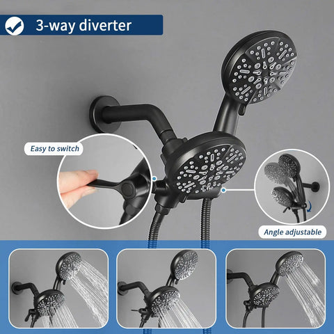 All In One Matte Black Shower Faucet Set With Rainfall Head, Pressure Balance Valve, 3-way diverter, adjustable spray angles