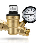 TONDA brass RV water pressure regulator with gauge, front-right view showing threaded inlet and outlet fittings