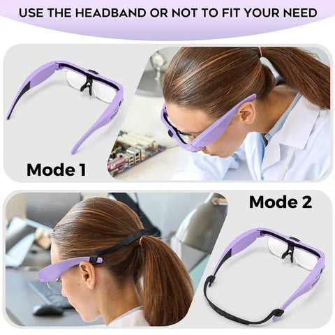 Rechargeable LED Lighted Magnifying Glass Headset With 1.5x To 5.0x Zoom And 4 Detachable Lenses shown in use and adjustable modes