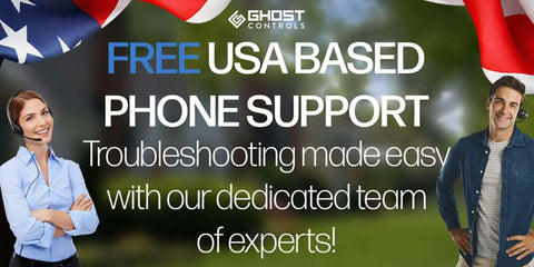 Free USA based phone support advertisement for Ghost Controls, featuring customer service representatives and American flag.