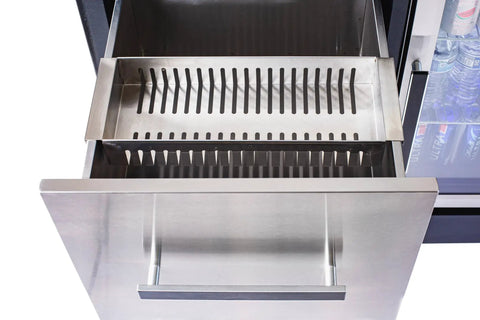 Close-up of storage drawer with divider on Large 48 Inch Stainless Steel Outdoor Kitchen Island On Wheels With Ceramic Top