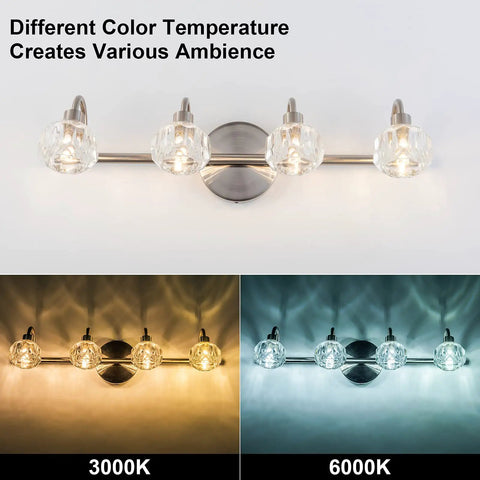 4 Light Brushed Nickel LED Vanity Light With Acrylic Shades Dimmable 3000K To 6000K Wall Lamp displaying color temperature