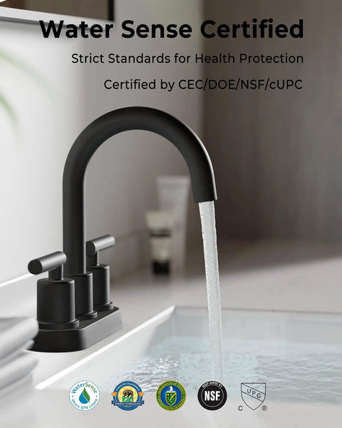 4 Inch Centerset Bathroom Faucet With Two Handles and Rotating Spout, black finish, water flowing, fits 2 hole sink
