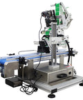 Big Time Automatic Desktop Conveyor Labeler For Flat Bottles And Merchandise Plug And Play Sticker Applicator With No Sweat Setup and Slick 110V Coding Station, showing side view and components.