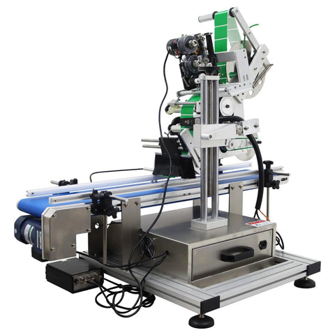 Big Time Automatic Desktop Conveyor Labeler For Flat Bottles And Merchandise Plug And Play Sticker Applicator With No Sweat Setup and Slick 110V Coding Station, showing side view and components.