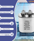 7.5uF 450VAC Dual Run Ellipse Start Capacitor For RV Campers And AC Fans 60Hz 10,000 AFC Plug And Play Easy Install