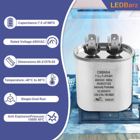 7.5uF 450VAC Dual Run Ellipse Start Capacitor For RV Campers And AC Fans 60Hz 10,000 AFC Plug And Play Easy Install