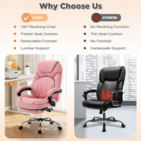 Comparison of Comfy Reclining Office Chair With Footrest For Women, Pink ergonomic chair, vs black chair without features