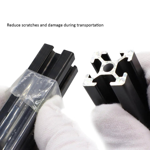 Close-up of Four 100mm Aluminum Extrusion Profiles 20x20 2020 Series T Slot European Standard with protective film showing cross-section