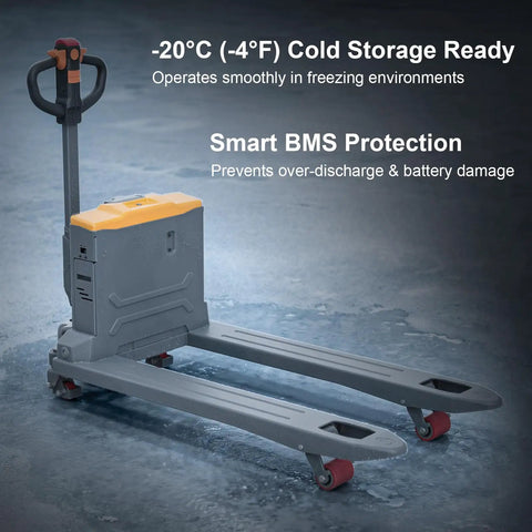 ApolloLift Heavy Duty Electric Pallet Jack 4400 Lb Capacity With 48 X 27 Forks designed for cold storage, featuring smart battery protection.