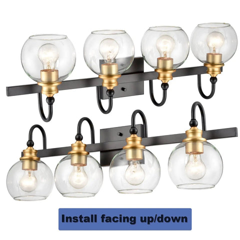 Globe Glass Shade 4 Light Wall Sconce For Bathroom Vanity Over Mirror In Matte Black With Brushed Gold Accents Gooseneck Design