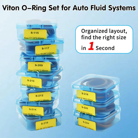 Viton O-ring kit, front view, blue stackable cases with yellow size labels (S-115 to S-224) for auto fluid systems.