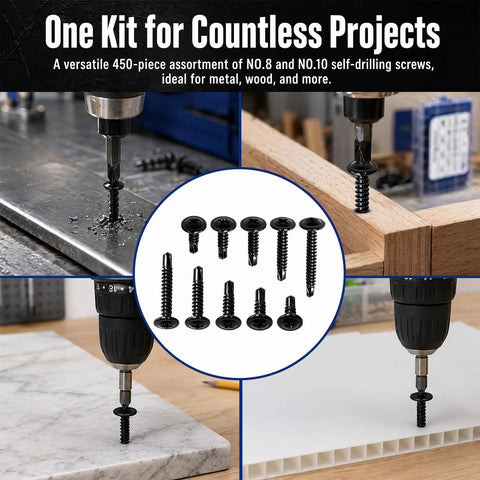 450 Piece Go-To Black Self Drilling Screws Kit With 410 Stainless Steel Assortment shown drilling into metal and wood surfaces