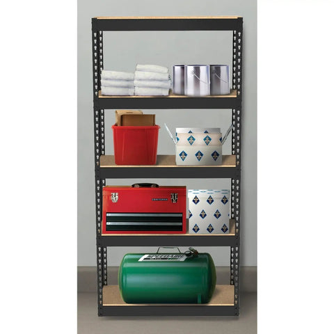 Heavy Duty Five Tier Black Steel Storage Rack Featuring Hella Sturdy Boltless Shelves And Rock Solid Adjustable Frames For A Truly Smooth DIY Setup That Delivers Major Bang For The Buck While Organizing Your Space Like A Boss