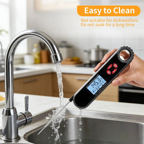Digital Meat Thermometer With Countdown Timer For Kitchen And Outdoors, Ultra Fast 3-Second Readings, washing under faucet