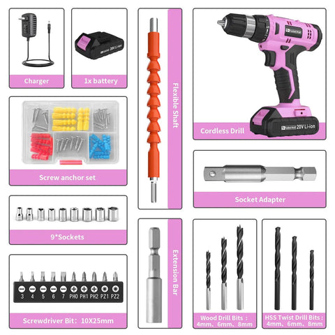 Pink Go To Cordless Drill Kit With 20V Battery And Charger 30 Nm Torque 21 Plus 1 Clutch Three Eighths Inch Keyless Chuck