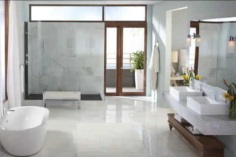 Modern bathroom featuring the Chrome One Handle Modern Bathroom Faucet With Drain Assembly and Optional Deck Plate Slick and Sleek Water Sense Certified for Easy Single Lever Temperature Control.