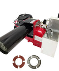 Rock Solid Heavy Duty Waste Oil Burner Heater Air Atomizing Multi Fuel Industrial Boiler Furnace featuring black nozzle and red body.