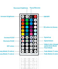 Two Pack 44 Key IR Remote Control For RGB LED Strip Lights Compatible With SMD 5050 3528 2835 RGB Light Strips Includes Batteries And Hook Loop Tape No Bluetooth Or WiFi Simple Remote For Color Brightness And Mode Control shown with labeled keys