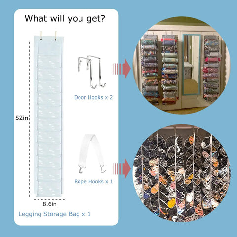 2 Pack Leggings And Shirt Organizer With 24 Compartments, Space Saving Hanging Closet Organizer with hooks and strap shown