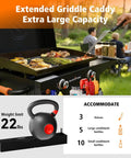 Front Griddle Caddy For 28 And 36 Inch Griddles with extended capacity, showing knife and condiment organization, weight limit details