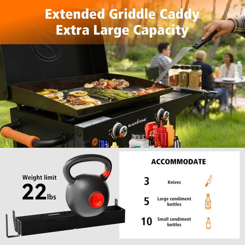 Front Griddle Caddy For 28 And 36 Inch Griddles with extended capacity, showing knife and condiment organization, weight limit details