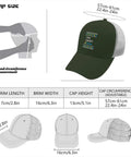Mens Army Green Trucker Cap With Adjustable Buckle Four Seasons Comfort size chart and measurements displayed