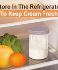 Jar of whipped cream with purple lid stored in refrigerator beside fruits and vegetables