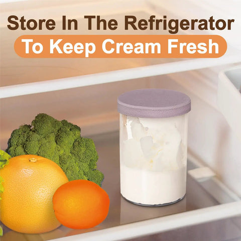 Jar of whipped cream with purple lid stored in refrigerator beside fruits and vegetables
