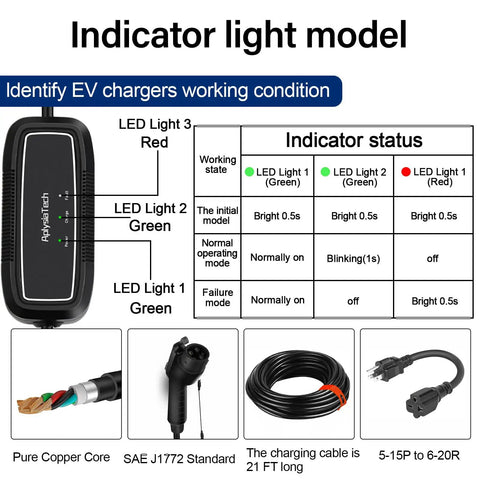 Heavy Duty Portable Level 1 And 2 EV Charger 16 Amp 110 To 240 Volt SAE J1772 Electric Car Charging Cable 21 FT Cord with indicator light model