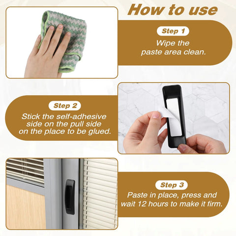 Installation steps for self stick cabinet handles 4 pack black plastic drawer knobs for cabinets, wardrobes, and sliding doors.