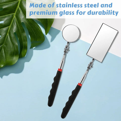 Two Piece Telescoping Inspection Mirror Set With 360 Degree Swivel And Extendable Arm Includes Round 2.05 Inch And Rectangular 3.94 By 1.96 Inch Mirrors for mechanics and home inspection, shown with stainless steel and premium glass, front view