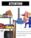 Garage Gear Storage Organizer With Golf Bag Rack And Ball Holder installation guide displayed, showing safety tips