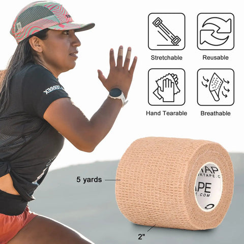 Woman using Self Adhering Bandage Wrap 12 Pack 2 Inch By 5 Yard Nonwoven Self Adhesive Bandage Tape, highlighting key features.