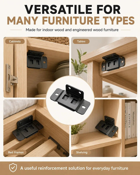 Various uses of Beefy Heavy Duty Stainless Steel Corner Brackets 8 Pack with 90 Degree L Shape Joint Braces for furniture reinforcement.