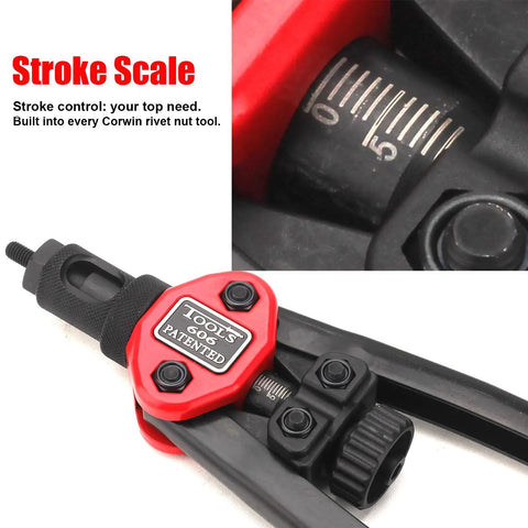 Close-up of Simple Stroke Setting Rivet Nut Tool Kit showing stroke scale for precise control and adjustment.