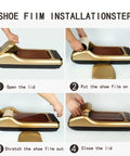 Shoe film installation steps for heavy duty disposable shoe film refills built for auto dispensers, showing application process.