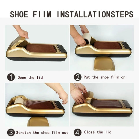 Shoe film installation steps for heavy duty disposable shoe film refills built for auto dispensers, showing application process.