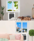 Living area with Portable AC Window Vent Kit with 5.9 inch exhaust hose setup under sliding windows, no fuss install.