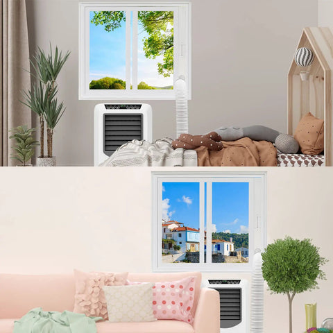 Living area with Portable AC Window Vent Kit with 5.9 inch exhaust hose setup under sliding windows, no fuss install.