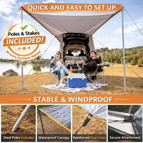 Upgraded SUV Tailgate Tent With Poles And Stakes Built For Epic Tailgates And Car Campouts Stable Steel Frame Shelter Waterproof And Windproof Hatchback Awning Universal Fit For SUV Van And CUV Easy Setup Portable in outdoor setting