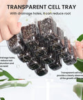 Hand holding transparent cell tray with soil visible, part of 5 Pack Seed Starter Trays Kit With Adjustable Humidity Dome