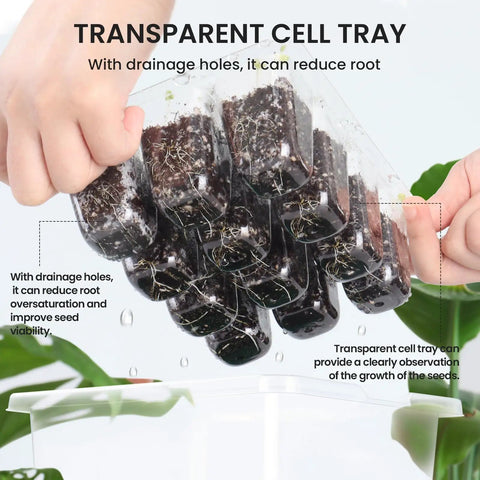 Hand holding transparent cell tray with soil visible, part of 5 Pack Seed Starter Trays Kit With Adjustable Humidity Dome