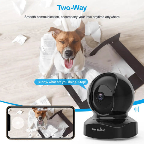 Smart 2K Home Security Camera Indoor WiFi Cam For Baby And Pets With Motion Detection shown monitoring a playful dog.