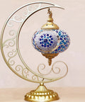 Dope Moon Shaped Mosaic Stained Glass Table Lamp In Blue Handmade Turkish Moroccan Tiffany Style Nightstand Light Turquoise artwork