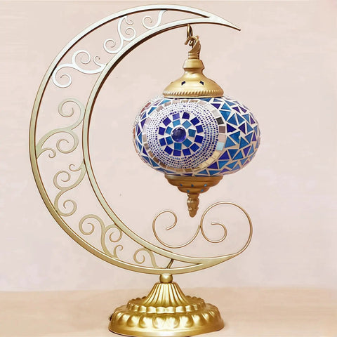Dope Moon Shaped Mosaic Stained Glass Table Lamp In Blue Handmade Turkish Moroccan Tiffany Style Nightstand Light Turquoise artwork