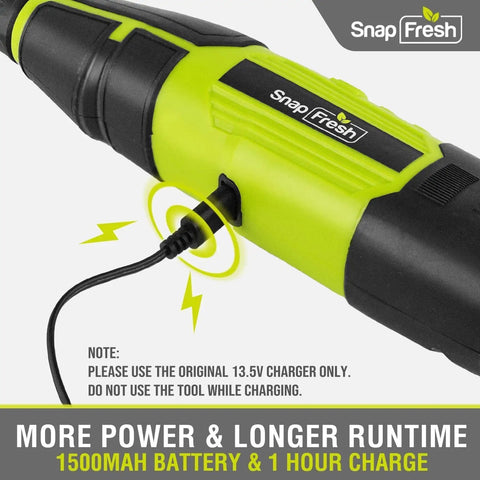 Close-up of SnapFresh 12V Cordless Rotary Tool Kit with charging port, highlighting 1500mAh battery and fast charging feature.
