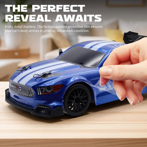 Close-up of Dope High Speed 4WD Drift RC Car With LED Lights, Dual Batteries, 1:24 scale, protective film being removed