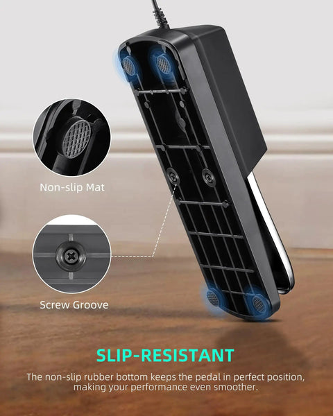 Bottom view of sustain pedal for keyboards and digital pianos with polarity switch, non-slip mat, screw groove, universal compatibility